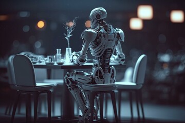 Poster - A Robot Sitting At A Table With A Vase Of Flowers Restaurant Stereoscopic Photography Robotics Engineering  Generative AI 