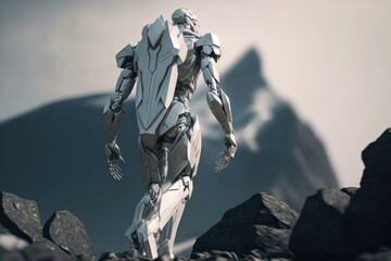Poster - A Robot Walking On A Rocky Surface In Front Of A Mountain Canyon Animation Robotics Engineering  Generative AI 