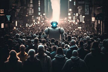 Poster - A Robot Standing In The Middle Of A Crowd Of People Factory Assemblage Robotics Engineering  Generative AI 
