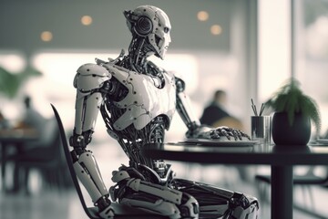 Poster - a robot sitting at a table with a laptop coffee shop stereoscopic photography artificial intelligenc