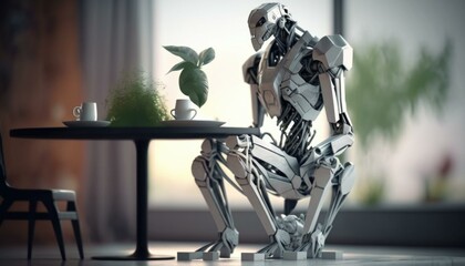 Poster - A Robot Sitting At A Table With A Cup Of Coffee Coffee Shop Environmental Art Artificial Intelligence  Generative AI 