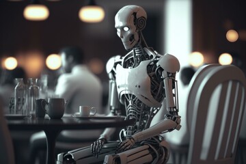 Poster - a robot sitting at a table with a cup of coffee coffee shop stereoscopic photography artificial inte