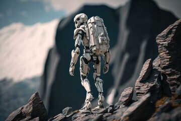 Poster - A Robot Standing On A Rocky Mountain Top With A Mountain In The Background Canyon Environmental Art Robotics Engineering  Generative AI 