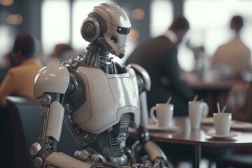 Poster - A Robot Sitting At A Table With A Cup Of Coffee Coffee Shop Animation Artificial Intelligence  Generative AI 