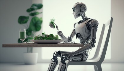 Poster - A Robot Sitting At A Table With A Plate Of Food Restaurant Food Photography Artificial Intelligence  Generative AI 