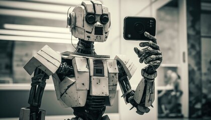 Poster - A Robot Holding A Cell Phone Up To A Camera Factory Stereoscopic Photography Artificial Intelligence 