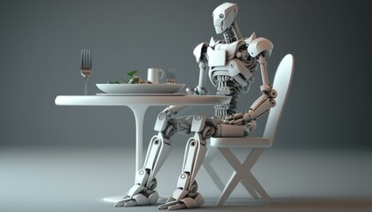 Poster - a robot sitting at a table with a plate of food restaurant food photography artificial intelligence 