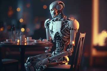 Poster - A Skeleton Sitting At A Table With A Cup Of Coffee Restaurant Stereoscopic Photography Artificial Intelligence  Generative AI 