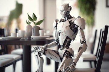 Poster - a robot sitting at a table with a cup of coffee coffee shop stereoscopic photography artificial inte