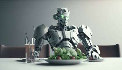 Poster - A Robot Sitting At A Table With A Plate Of Food Restaurant Food Photography Robotics Engineering  Generative AI 