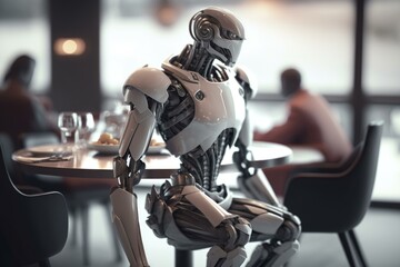 Poster - A Robot Sitting At A Table In A Restaurant Restaurant Stereoscopic Photography Robotics Engineering  Generative AI 