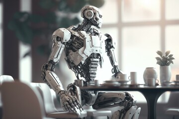 Poster - A Robot Sitting At A Table With A Cup Of Coffee Coffee Shop Stereoscopic Photography Artificial Intelligence  Generative AI 