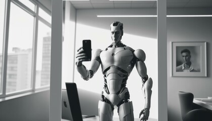 Poster - A Robot Is Taking A Selfie In An Office Newsroom Black And White Photography Artificial Intelligence 