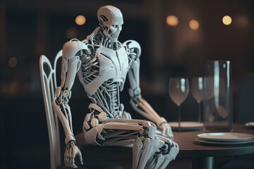 Poster - A Skeleton Sitting At A Table With Wine Glasses Restaurant Animation Artificial Intelligence  Generative AI 