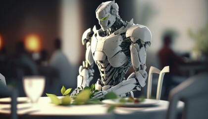Poster - A Robot Is Sitting At A Table With A Plate Of Food Restaurant Digital Art Robotics Engineering  Generative AI 