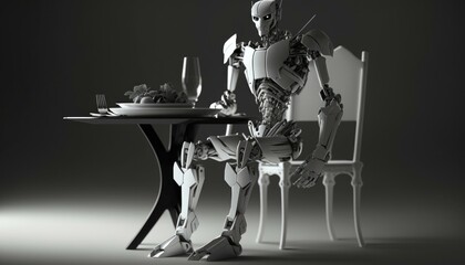 Poster - A Robot Sitting At A Table With A Plate Of Food Restaurant Infrared Photography Artificial Intelligence  Generative AI 