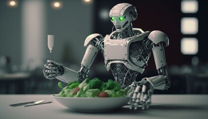 Poster - A Robot Sitting At A Table With A Plate Of Food Restaurant Food Photography Artificial Intelligence  Generative AI 