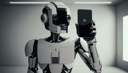 Poster - A Robot Holding A Cell Phone In His Hand Factory Stereoscopic Photography Artificial Intelligence  Generative AI 