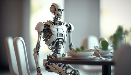 Poster - A Robot Sitting At A Table With A Plate Of Food Restaurant Food Photography Artificial Intelligence  Generative AI 