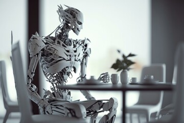 Poster - A Robot Sitting At A Table With A Vase Of Flowers Coffee Shop Assemblage Artificial Intelligence  Generative AI 