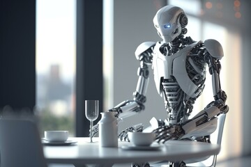 Poster - a robot sitting at a table with a glass of wine coffee shop stereoscopic photography artificial inte