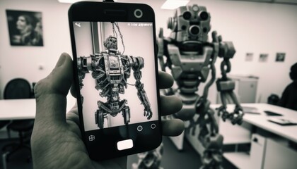 Poster - A Person Holding A Cell Phone In Front Of A Robot Science Museum Stereoscopic Photography Artificial Intelligence 