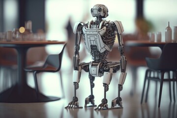 Poster - A Robot Is Standing In A Restaurant Setting With A Table Restaurant Animation Robotics Engineering  Generative AI 