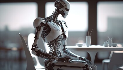 Poster - A Robot Sitting At A Table With A Cup Of Coffee Coffee Shop Realism Artificial Intelligence  Generative AI 