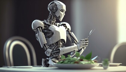 Poster - A Robot Sitting At A Table Eating A Plate Of Food Restaurant Food Photography Artificial Intelligence  Generative AI 