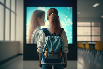 Poster - A Woman With A Backpack Looking At A Television Movie Theater Advertising Photography Influencer Marketing  Generative AI 