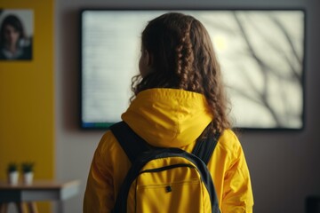 Poster - A Woman In A Yellow Jacket Looking At A Television Classroom Video Art Science Education 
