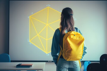 Poster - A Woman With A Yellow Backpack Looking At A Projection Classroom Graphic Design Mathematics Education  Generative AI 