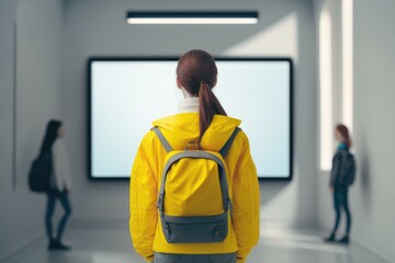 Poster - A Woman With A Backpack Looking At A Television Science Museum Video Art Distance Education 