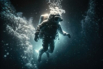 Poster - A Man In A Diving Suit Is In The Water Deep Sea Trench Underwater Photography Underwater Photography  Generative AI 