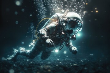 Poster - A Man In A Diving Suit Is Floating In The Water Deep Sea Trench Underwater Photography Underwater Photography  Generative AI 