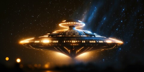Fototapete - A Large Alien Ship Floating In The Air With A Star Filled Sky Behind It Lunar Landscape Long Exposure Photography Fiction Writing  Generative AI 