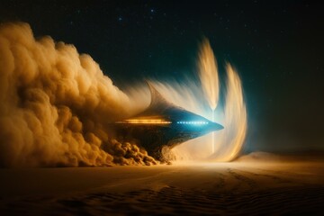 Fototapete - A Large Object Is Flying Through The Air With Smoke Desert Long Exposure Photography Meteorology  Generative AI 