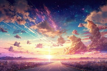 Poster - A Sunset Scene With A Road Going Through The Sky Mountain Pass At Sunset Animation Travel  Generative AI 
