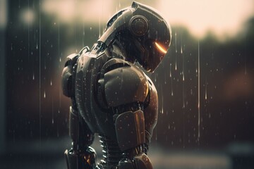 Poster - A Robot Standing In The Rain With Its Head Turned To The Side River Animation Robotics Engineering  Generative AI 