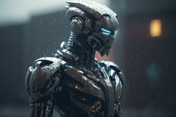 Poster - A Robot Standing In The Rain With Its Eyes Closed Junkyard Animation Robotics Engineering  Generative AI 