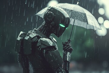 Poster - A Robot Holding An Umbrella In The Rain With A Green Light Factory Environmental Art Artificial Intelligence  Generative AI 