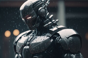 Poster - A Robot Standing In The Rain With A Helmet On Car Repair Shop Photorealism Robotics Engineering  Generative AI 