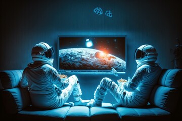 Fototapete - Two People Sitting On A Couch Watching A Television Movie Theater Video Art Home Entertainment  Generative AI 