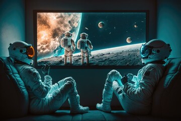 Fototapete - Two Astronauts Sitting In A Living Room Watching A Movie Lunar Landscape Video Art Tvs  Generative AI 
