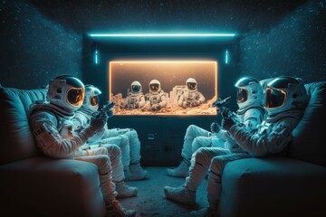 Fototapete - Two Astronauts Sitting In A Room With A Television Lunar Landscape Stereoscopic Photography Influencer Marketing  Generative AI 