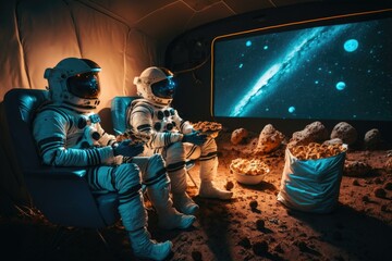 Poster - two astronauts sitting in a chair watching a movie lunar landscape stereoscopic photography home ent