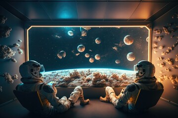 Fototapete - Two Astronauts Sitting In Front Of A Window Looking At The Planets Conference Room Digital Art Leisure  Generative AI 