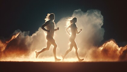Aufkleber - Two Women Running In The Dark With Smoke Behind Them Fitness Center Sports Photography Fitness Coaching  Generative AI 
