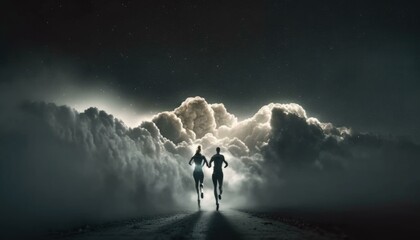 Fototapete - Two People Running In The Middle Of A Road Lunar Landscape Sports Photography Fitness Coaching  Generative AI 
