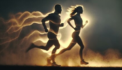 Aufkleber - A Couple Of People Running In The Dark With A Lightening Background Fitness Center Sports Photography Health And Wellness Coaching  Generative AI 